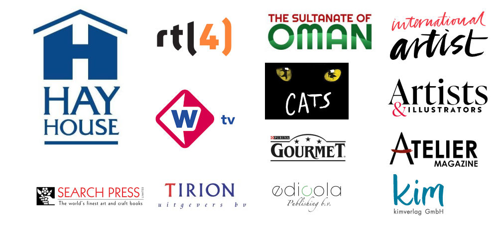 Samenwerkingen kunstenaar TV, magazines, klanten, (inter) nationale uitgeverijen. Sultan van Oman kunst, musical Cats, Gourmet gold illustrator, Hay House, Searchpress, Tirion Art, Edicola publishing, Kim Verlag, RTL 4, TvWest