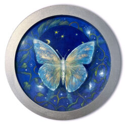 'Magical night butterfly', 16/18cm rond olieverf schilderij met goudpoeder (te koop)