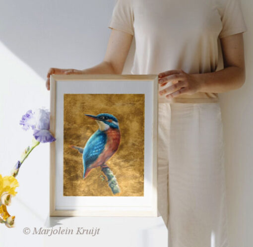 'ijsvogel - goud', giclee artprint limited edition van vogel schilderij (te koop)